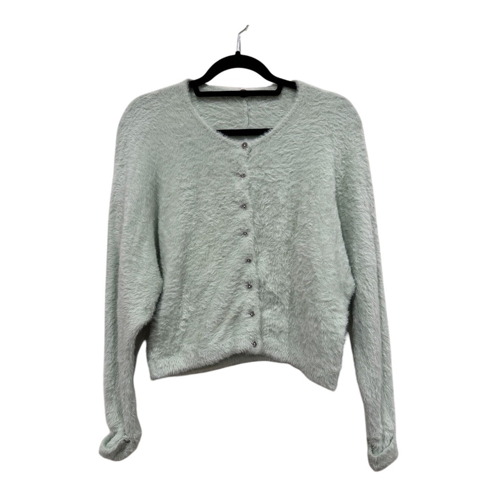 FP One Free People Fuzzy Eyelash Knit Cardigan Sage Green Cropped Sweater‎ Small
